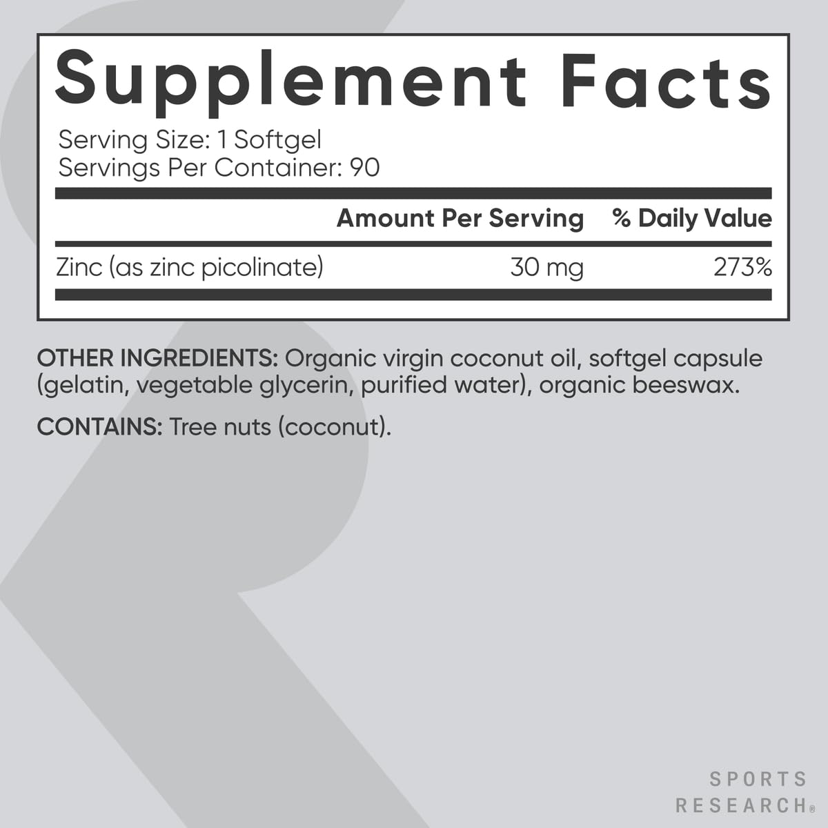 Sports Research High Potency Zinc Picolinate 30mg with Organic Coconut Oil | Highly Absorbable Zinc Supplement for Healthy Immune & Enzyme Function