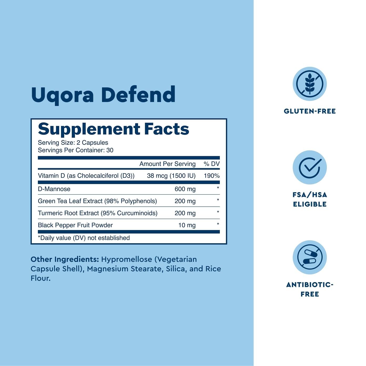 Uqora Defend - Urinary Tract Health Supplement - Support Bladder Health & Cleanse Biofilm* with D-Mannose, Green Tea Extract, Turmeric Extract & More