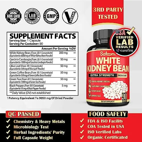 Pure White Kidney Bean Extract Capsules - 6 Herbal Ingredients 9050 mg Equivalent Satoomi Au supplements