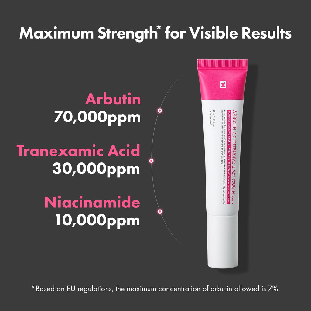 TOSOWOONG Arbutin 7% Intensive Spot Cream with 70,000ppm Arbutin, 3% Tranexamic Acid, 1% Niacinamide, Glutathione, Dark Spots