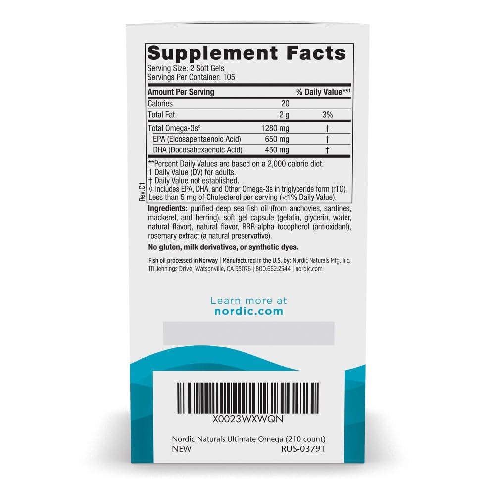 Nordic Naturals Ultimate Omega, Lemon Flavor - 210 Soft Gels - 1280 mg Omega-3 - High-Potency Fish Oil with EPA & DHA - Promotes Brain & Heart Health - Non-GMO - 105 Servings Nordic Naturals Au supplements
