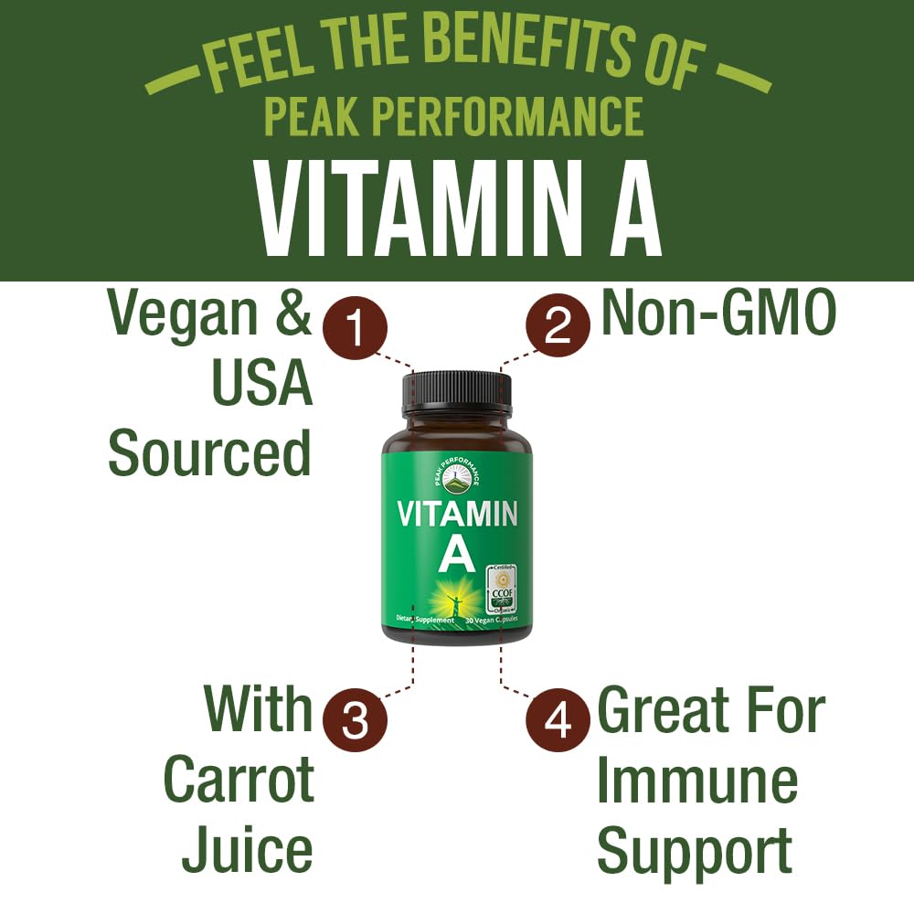 Certified Organic Vitamin A 5000 IU Supplement Capsules High Potency Vitamins. for Adults, Men, Women, Kids. Made with Carrot Juice. Great for Immune, Skin, Eye Support. Non GMO, Vegan Pills Peak Performance Au supplements