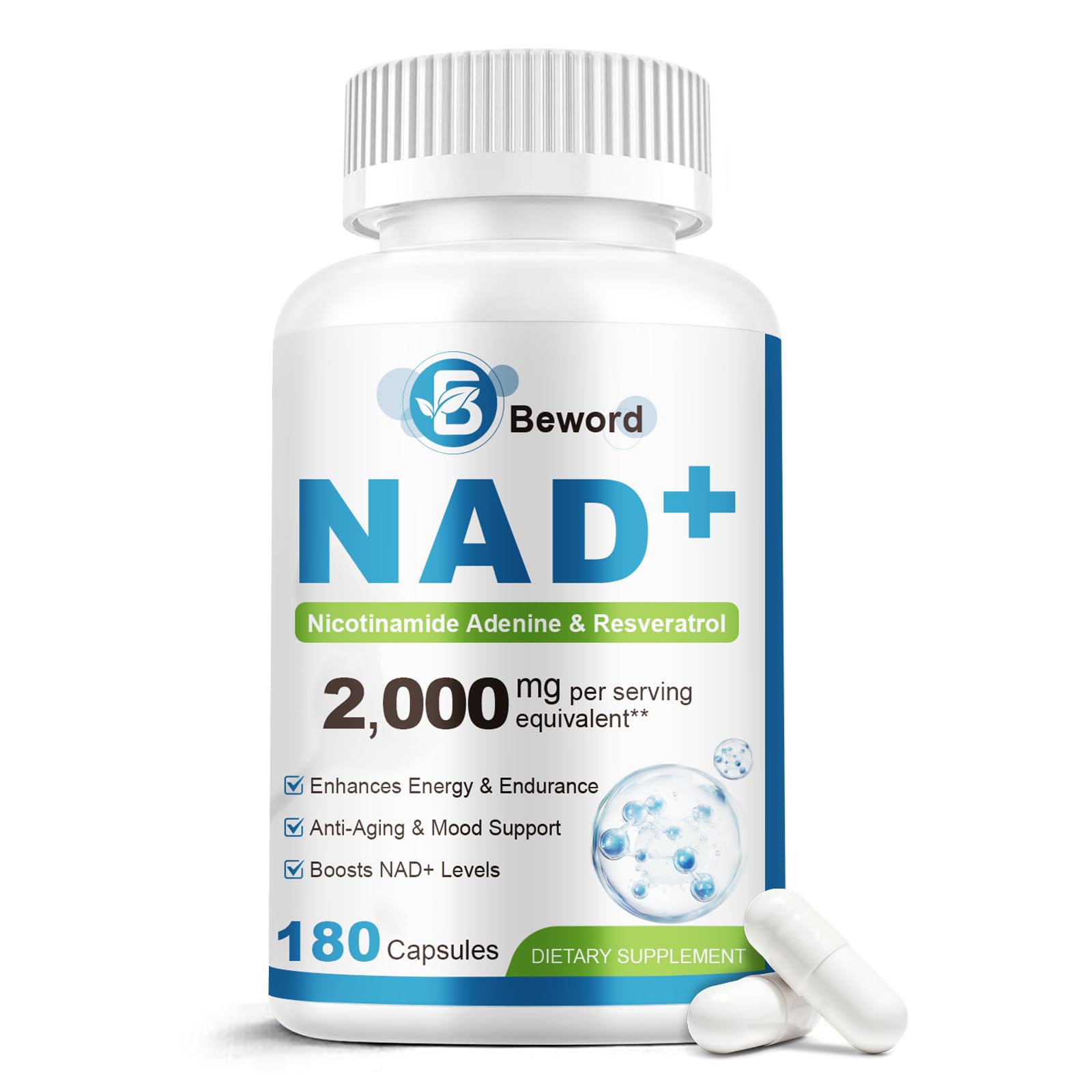BEWORD Liposomal NAD 2000 Mg, 180 Capsules, 4-in-1 Formula with Liposomal NAD, Trans-Resveratrol, Non-GMO | Energy Support BEWORD Au supplements