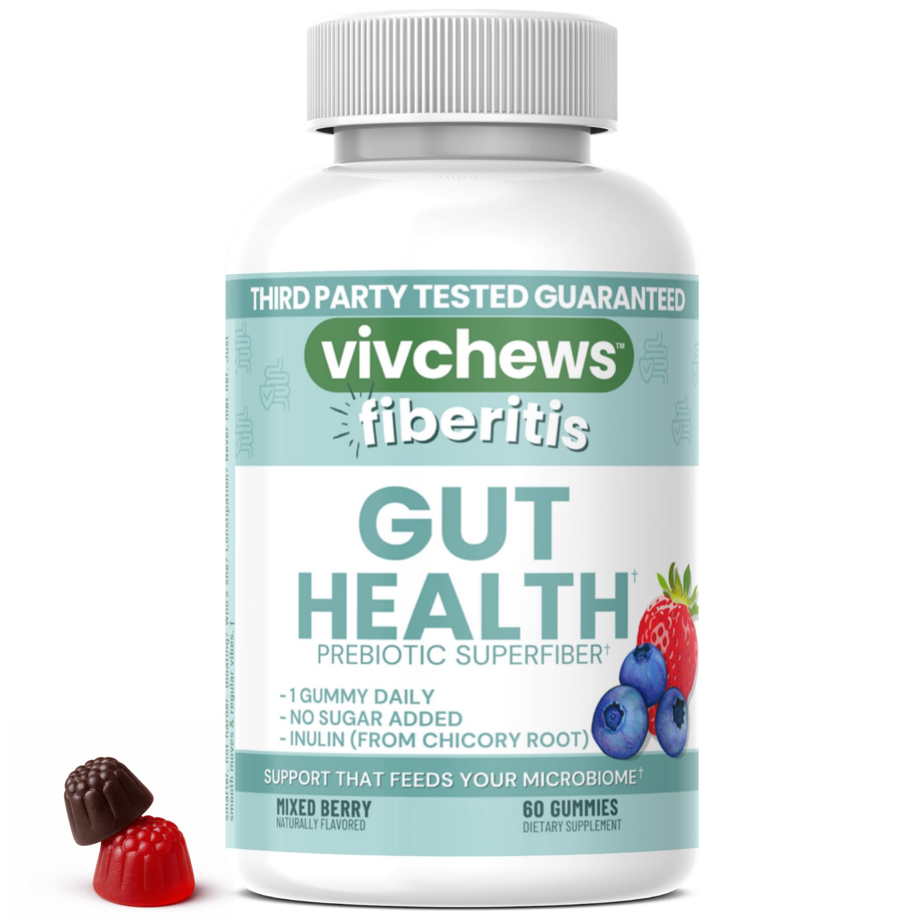 vivchews Gut Health Gummies – Prebiotic Fiber for Bloating Relief, No Sugar Added, Non-GMO, Fruit Pectin Based, Gluten-Free, No Artificial Colors,