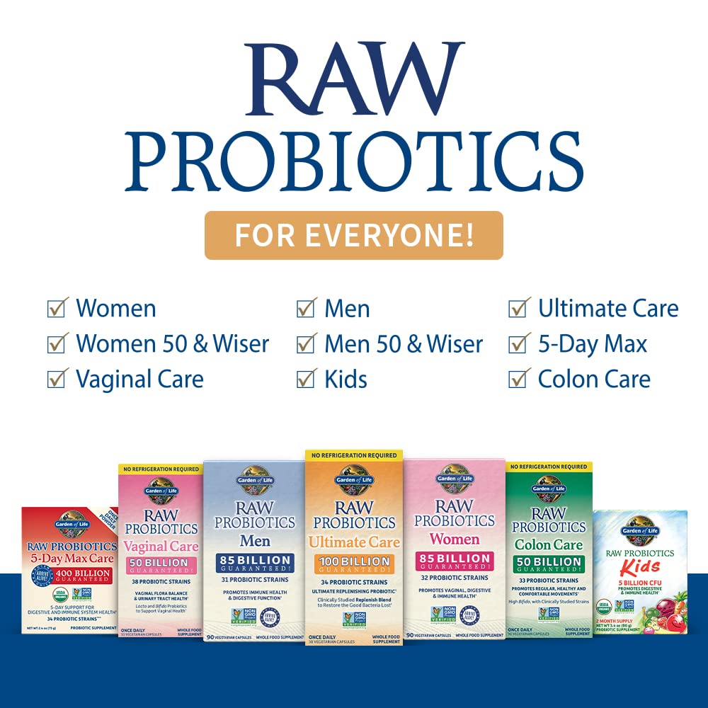 Garden of Life Raw Probiotics for Women and Men with Digestive Enzymes, 100 Billion CFU, Clinically Studied Strains, Shelf Stable, 30 Capsules