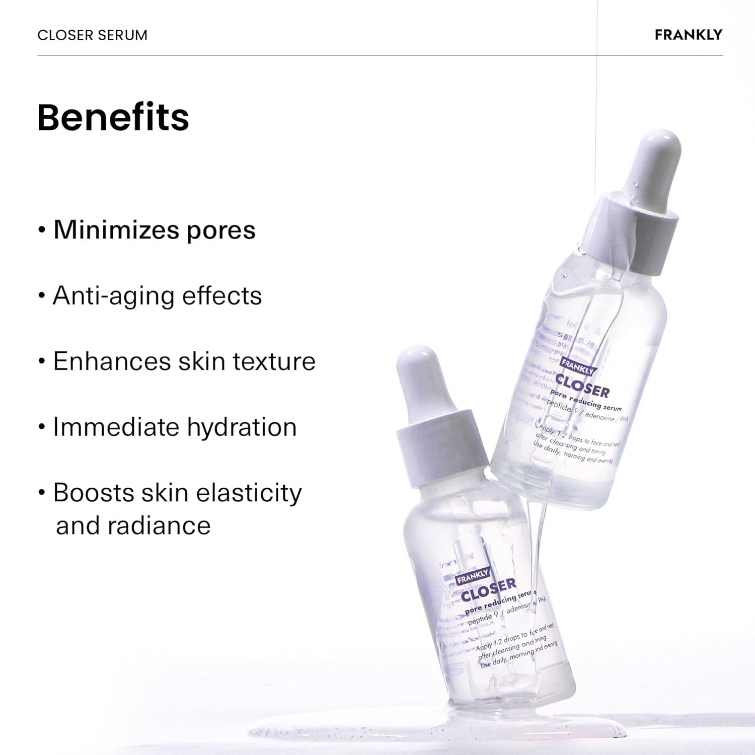 FRANKLY Closer Serum | Pore Minimizer Serum | 9 Peptides, Vegan Collagen, Adenosine, PHA | Korean Pore Minimizer for Glass Skin