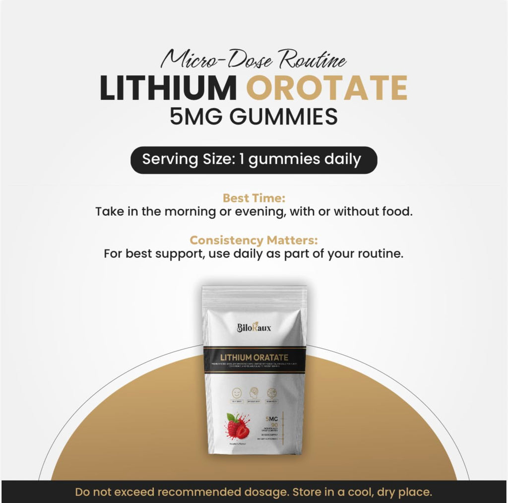 BiloRaux Lithium Orotate 5mg Gummies – Premium Microdose Lithium Supplement for Calm Balance & Focus – Natural Raspberry Flavour – 90 Vegan Gummies