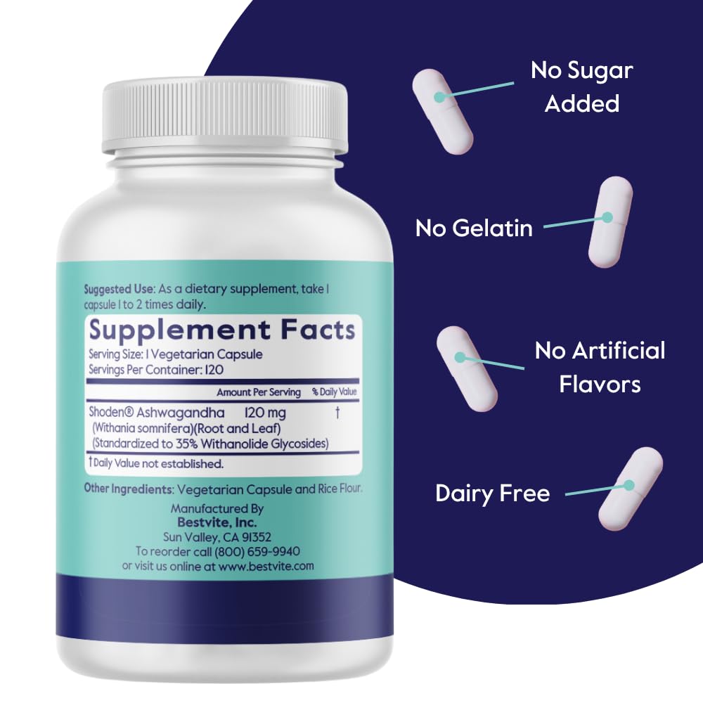 BESTVITE Advanced Ashwagandha 120mg w/Shoden (120 Vegetarian Capsules) - Clinically Studied Containing Industry Leading 35% Withanolide Glycosides - No Stearates - Vegan - Non GMO - Gluten Free BESTVITE Au supplements