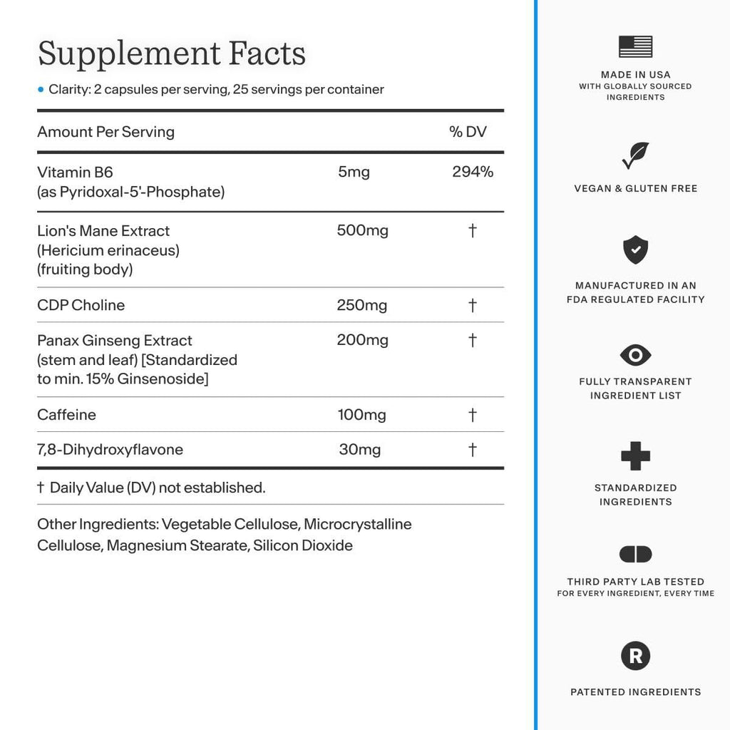 Thesis Clarity Nootropic Supplement for Men & Women with Lions Mane, CDP Choline, Panax Ginseng, Vitamin B6 & Caffeine, Cognitive Support Capsules, Vegan, Non GMO, 25 Servings THESIS Au supplements
