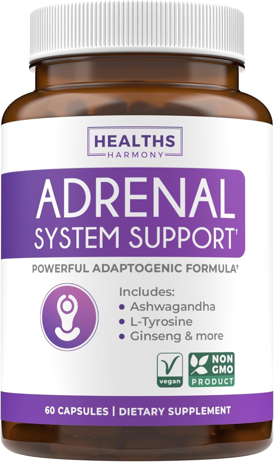 Adrenal System Support & Cortisol Manager (2 Month Supply) Powerful Ashwagandha & L-Tyrosine Fatigue Supplement - Maintain Balanced Cortisol Levels, Health, & Stress Relief - Non-GMO - 60 Capsules Healths Harmony Au supplements