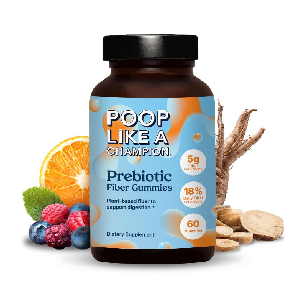 Poop Like a Champion Fiber Gummies – 5g Fiber per Serving, Non-GMO, Vegan, Digestive Support, 60 Pieces per Bottle
