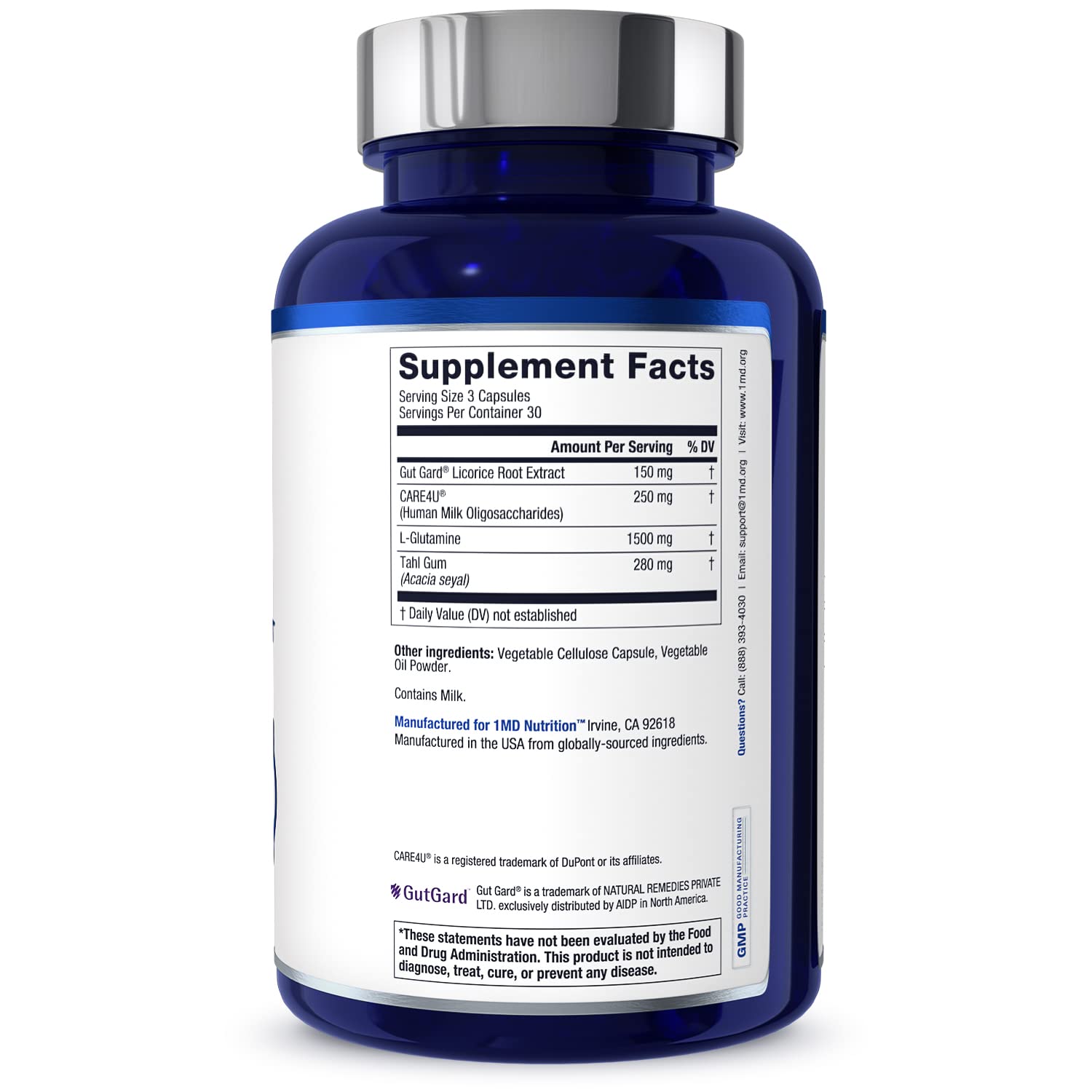 1MD Nutrition GutMD - L-Glutamine Capsules w/Prebiotic for Gut Health - L Glutamine Supplement - Supports Healthy Digestive