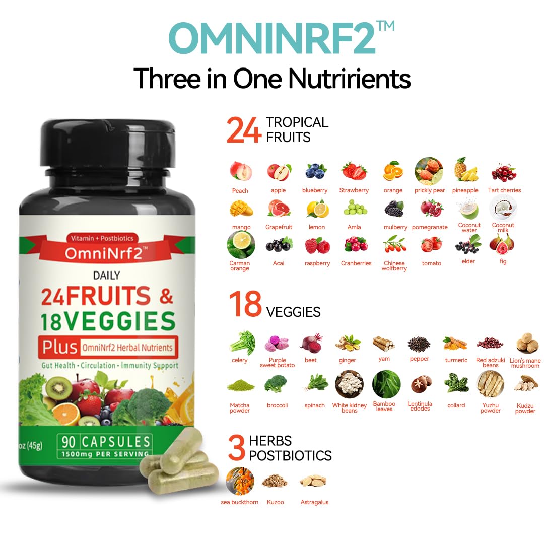 OmniNrf2 Postbiotic Supplement Capsules for Gut Health, Superfood with 24 Fruits & 18 Veggies & Fermented Herbal Plants, 90 Capsules for Antioxidant Support OmniNrf2 Au supplements