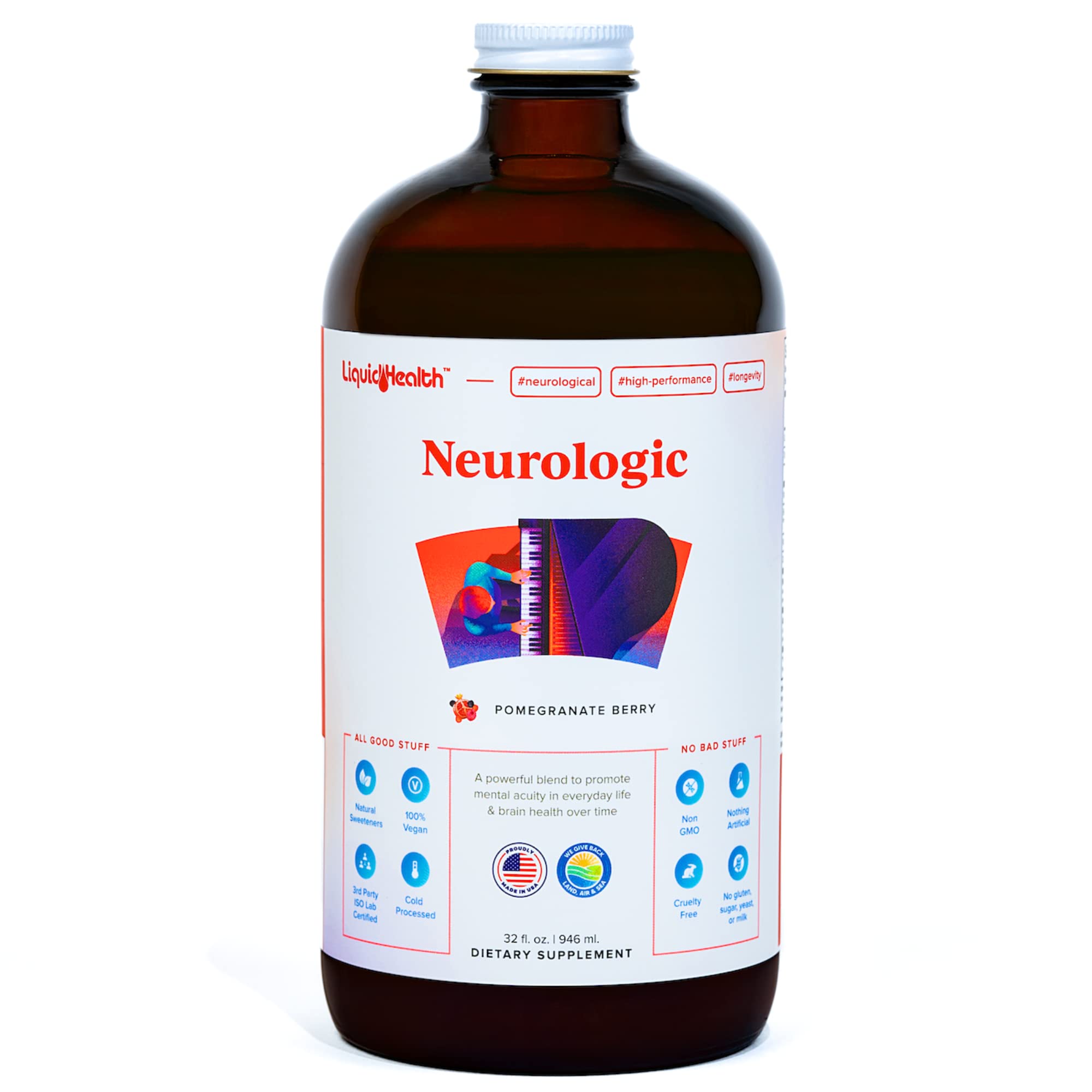 LIQUIDHEALTH Neurologic Focus Supplement - Brain Booster Nootropic Supplement for Cognitive Function, Memory & Focus with Ginkgo Biloba, Choline, L-Theanine & Phosphatidylserine - USA Made (32 oz) LIQUIDHEALTH Au supplements