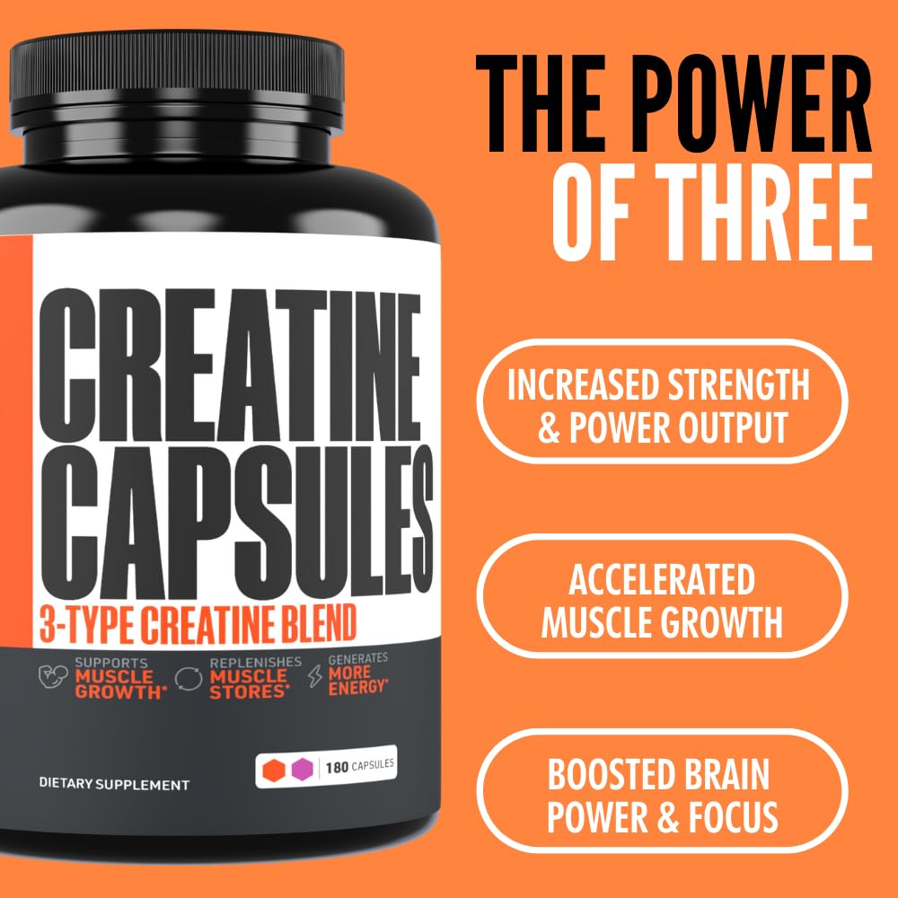 Creatine Capsules, 5g Premium 3X ThreeAtine Pre Workout Bulk Muscle Mass Gainer, High Absorption Easy to Take Creatine Monohydrate Pills Alternative Optimum Performance for Men Women, 180 Capsules Crazy Muscle Au supplements
