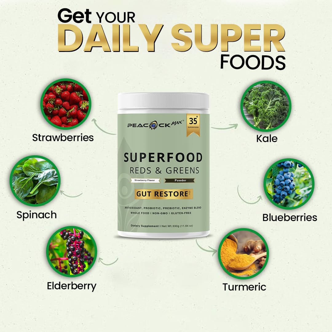 Superfood Reds & Greens Powder - 11.64 oz, Prebiotics & Probiotics for Digestive Health, Super Greens Powder with Ashwagandha for Gut Health, Immunity, Antioxidants,