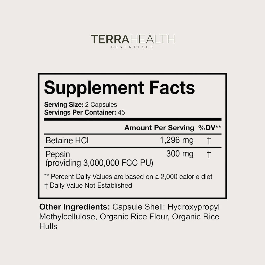 Terra Health Essentials Reflux Inhibitor - Digestive Supplement for Stomach Comfort, Acid Balance & Nutrient Absorption - Betaine HCL with Pepsin