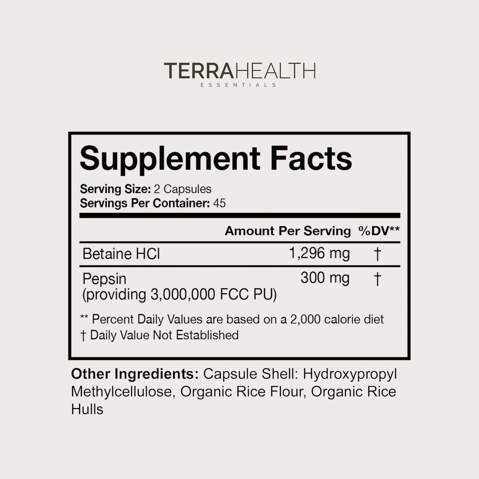 Terra Health Essentials Reflux Inhibitor - Digestive Supplement for Stomach Comfort, Acid Balance & Nutrient Absorption - Betaine HCL with Pepsin