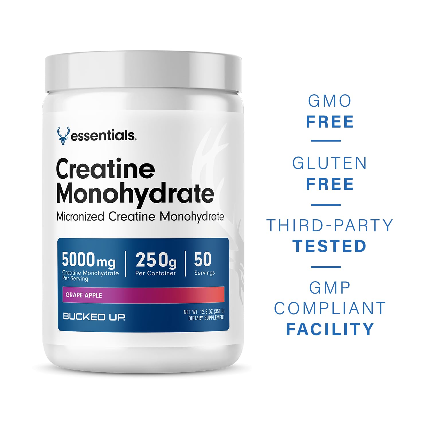 Bucked Up Grape Apple Creatine for Women and Men - Easy to Mix Vegetarian - Flavored Creatine Monohydrate Powder - Made in USA - 5G Per Serving - 50 Servings - 250 Grams Per Container