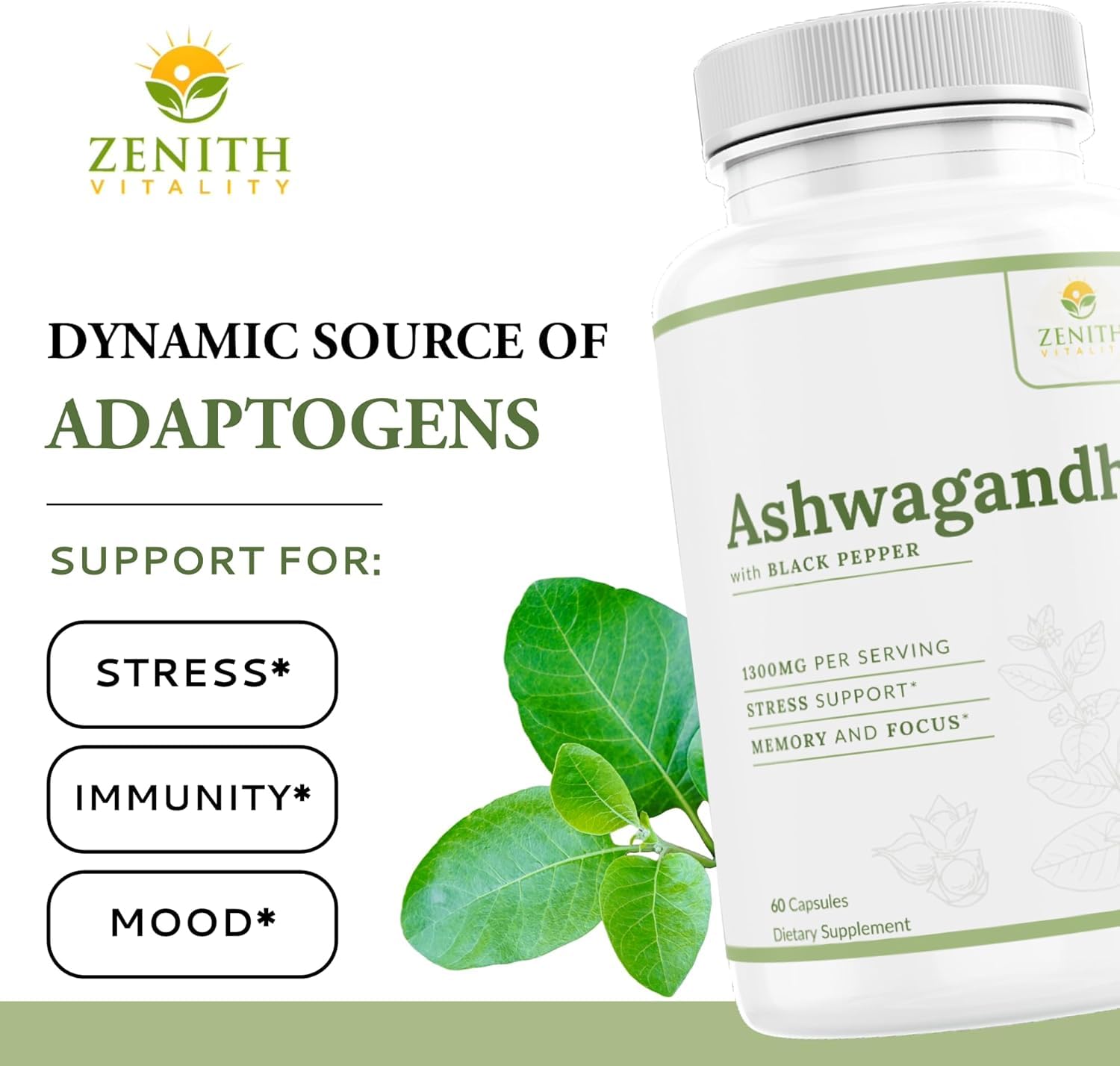 Zenith Vitality Ashwagandha 1300mg Capsules – Stress Relief & Cortisol Support, Immune & Energy Boost, Mental Clarity, Herbal Adaptogen Supplement – 60 Count Zenith Vitality Au supplements