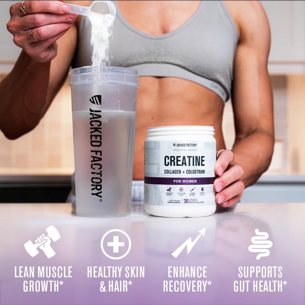 Jacked Factory Creatine for Women - Creatine Monohydrate with Collagen + Colostrum to Support Workout Performance, Lean Muscle Growth, Healthy Hair, Skin,