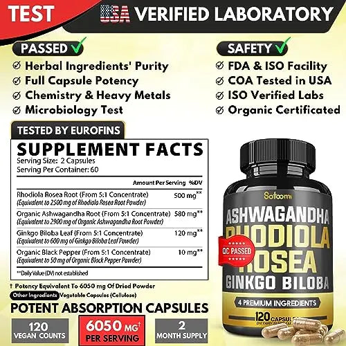6050mg Rhodiola Rosea Supplement with Ashwagandha Root, Ginkgo Biloba & Black Pepper Satoomi Au supplements