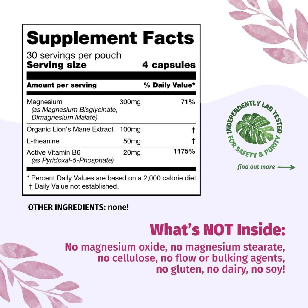 Enhanced Magnesium (Capsules) | Precise 300mg per Serving | Enhancement Blend: Organic Lion's Mane Extract, L-theanine, Active Vitamin B6 | 120 Capsules - by Organic Burst Organic Burst Au supplements