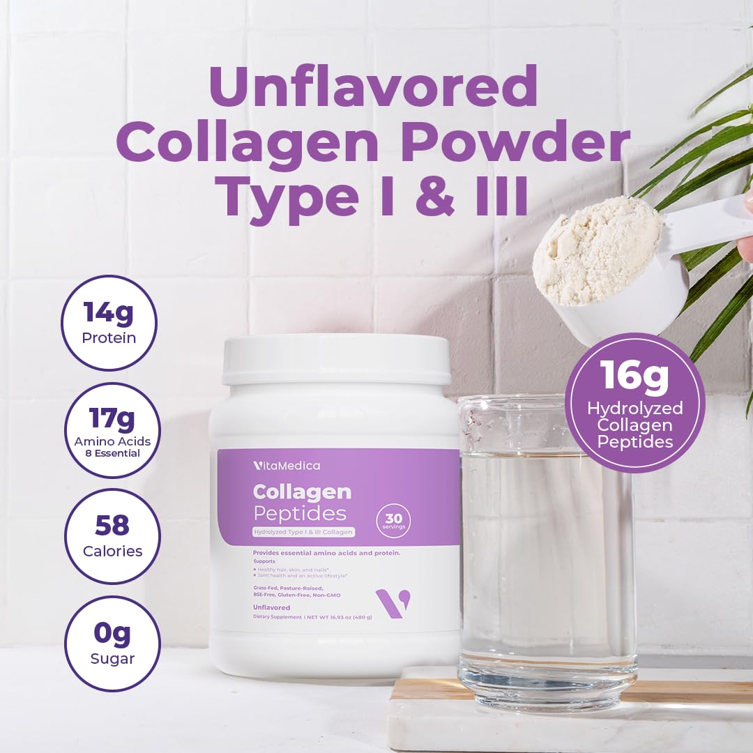 VitaMedica Collagen Peptides Powder for Women & Men - Healthy Hair, Skin, Nails, Bones and Joints - Hydrolyzed Types I & III, Grass-Fed, Pasture-Raised Protein, Zero Sugar - 30 Servings VitaMedica Au supplements