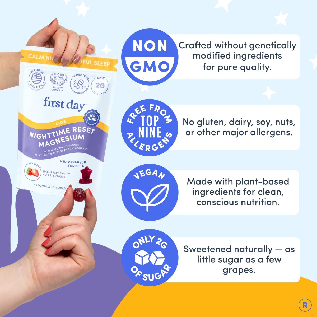FIRST DAY Kids Magnesium Citrate Gummies (Ages 4+) with No Melatonin | Calm Kids Magnesium Gummies | Bedtime Supplement for Better Sleep with Suntheanine