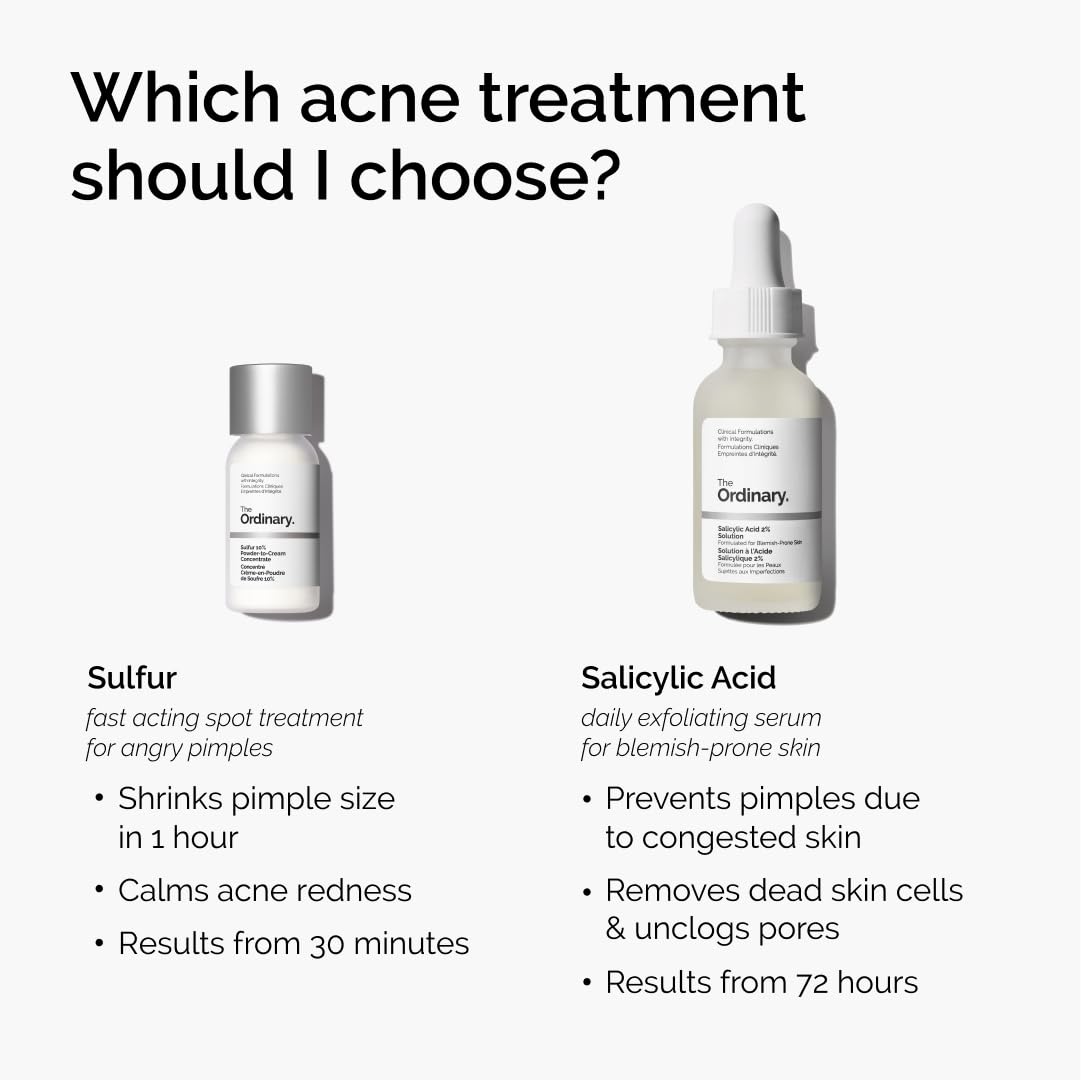 The Ordinary Sulfur 10% Powder-to-Cream Acne Spot Treatment Concentrate, Reduces Pimple Size and Zit Redness, 0.18 Oz
