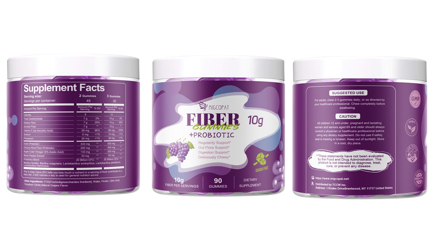 Migcopat 10G Fiber Gummies for Adults, No Sugar Added Grape Flavor, Fiber Supplement with 30 Billion CFU Probiotics Blend, ACV, Vitamin C,