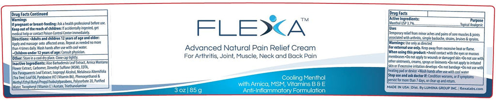 FLEXA Natural Relief Cream - Use on Muscles, Back, Neck, and Joints - with Arnica, Menthol, MSM, Ilex Leaf, and Tea Tree Oil - 3 Oz Jar FLEXA Au supplements