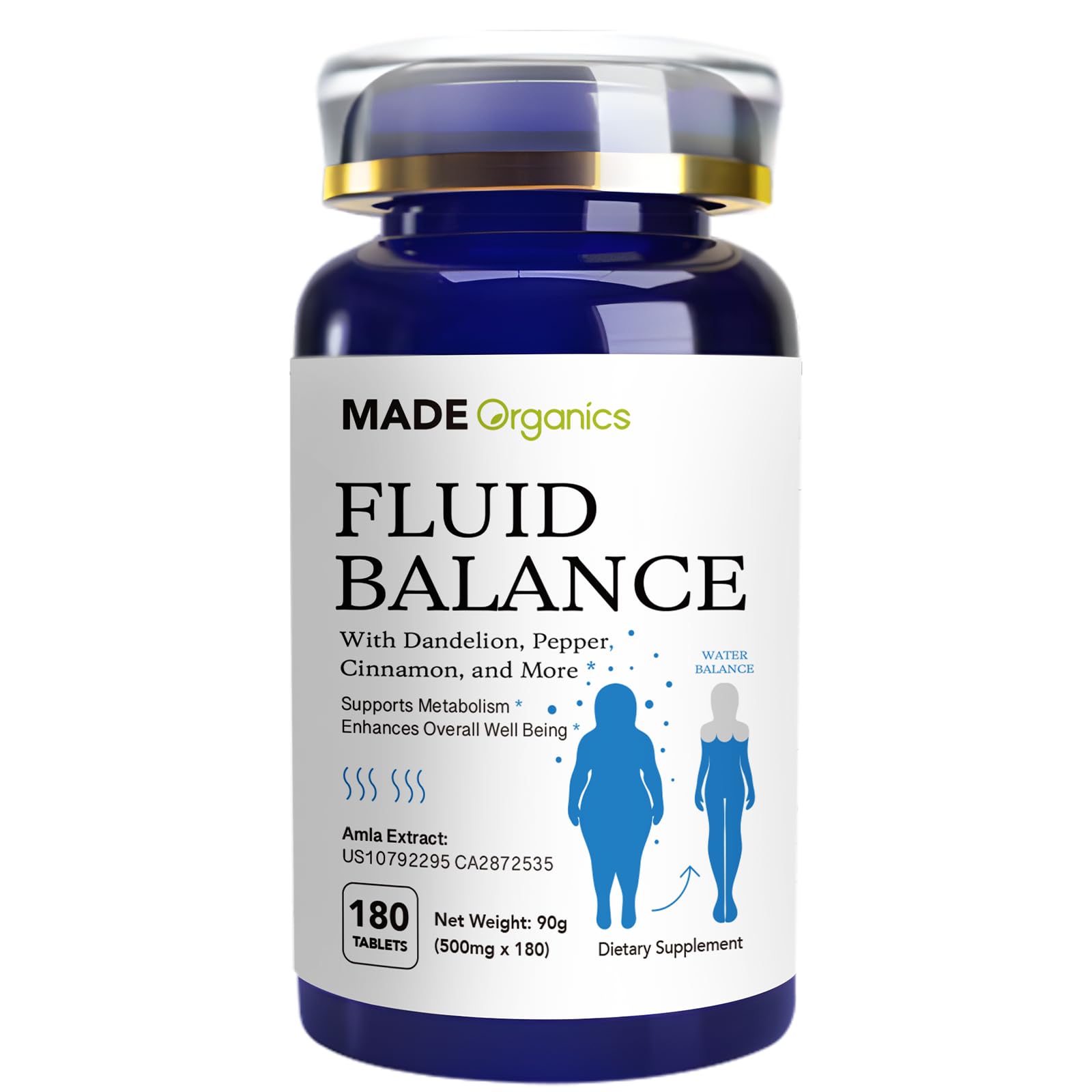 MADE Organics Water Retention Pills, Natural Diuretic for Bloating Relief & Fluid Balance, Herbal Supplement with Patented Amla & Dandelion