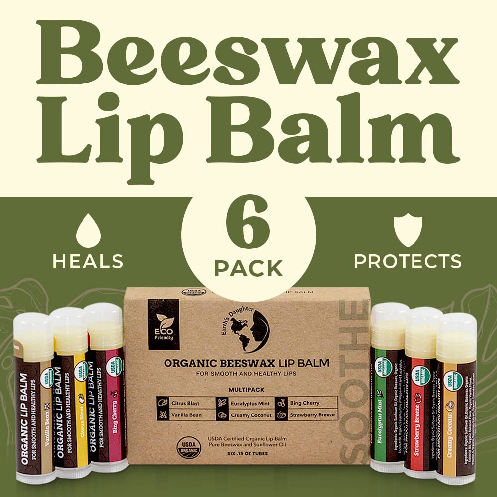 Earth's Daughter USDA Organic Lip Balm 6-Pack - Fruit Flavors, Beeswax, Coconut Oil, Vitamin E - Best Lip Repair