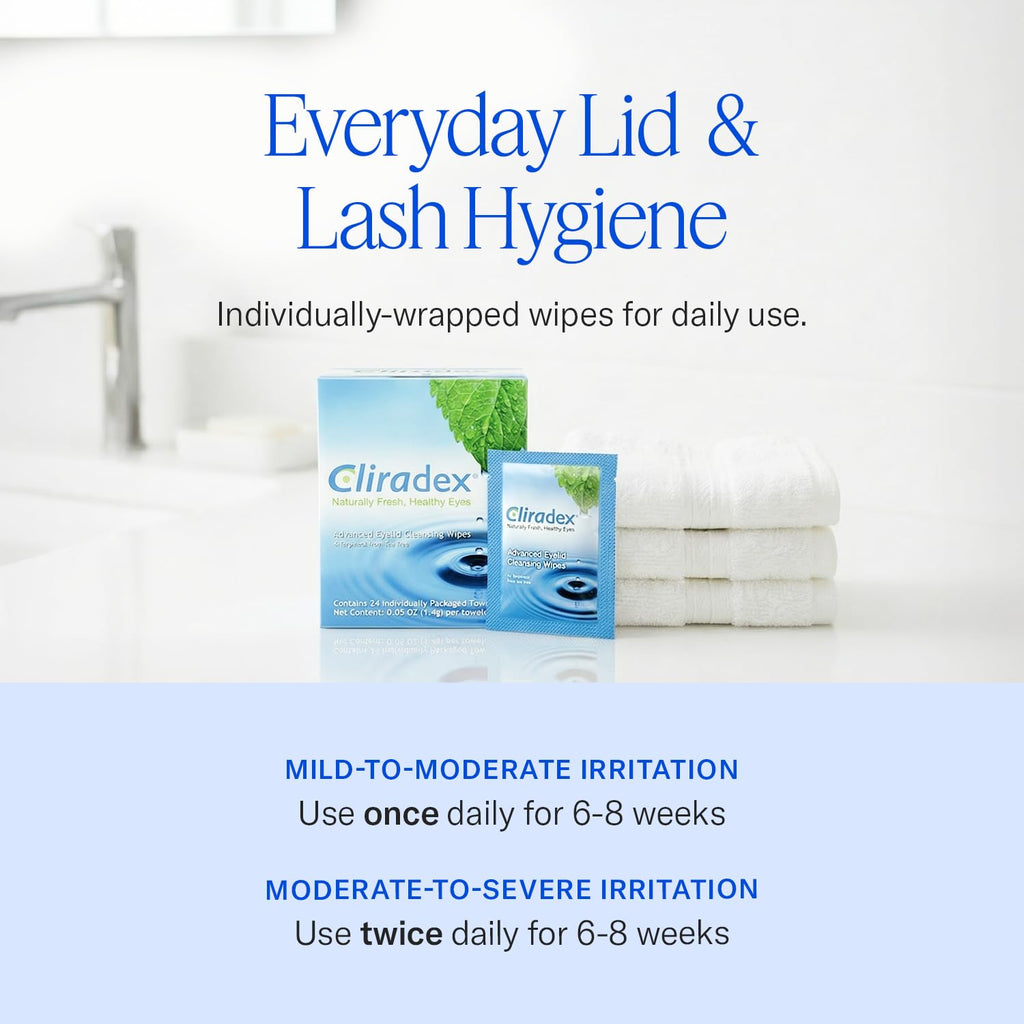 Cliradex Towelettes - Natural Face, Eyelash & Eyelid Cleanser - Wipes for Demodex, Blepharitis, Mgd and Red Irritated Eye Lid
