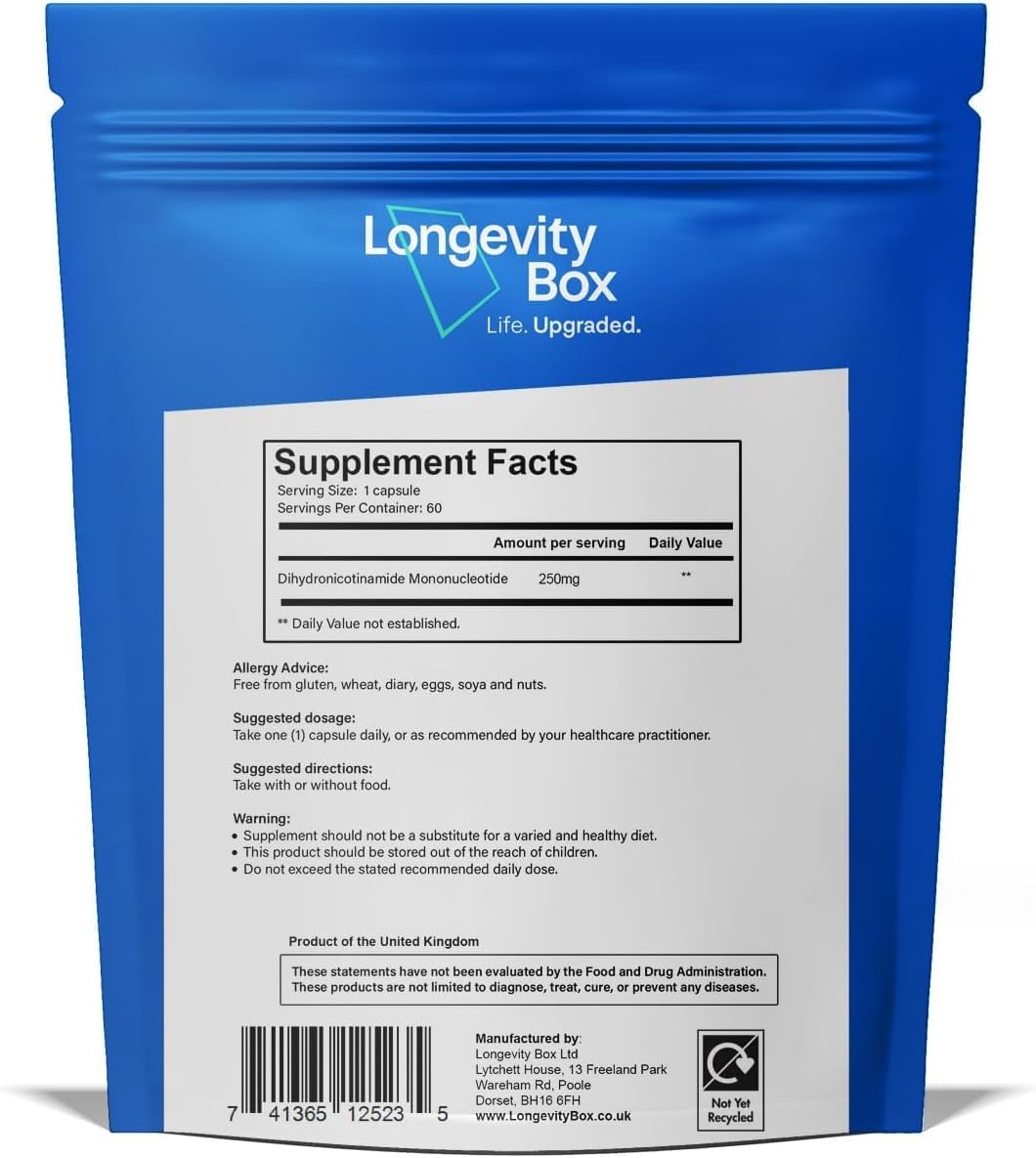 Longevity Box NMNH NMN Alternativen 250mg - 5X More Potent Dihydronicotinamide Mononucleotide NAD+ Booster for Peak Cellular Energy, DNA Repair & Healthy Aging - 60 Advanced Capsules Longevity Box Au supplements