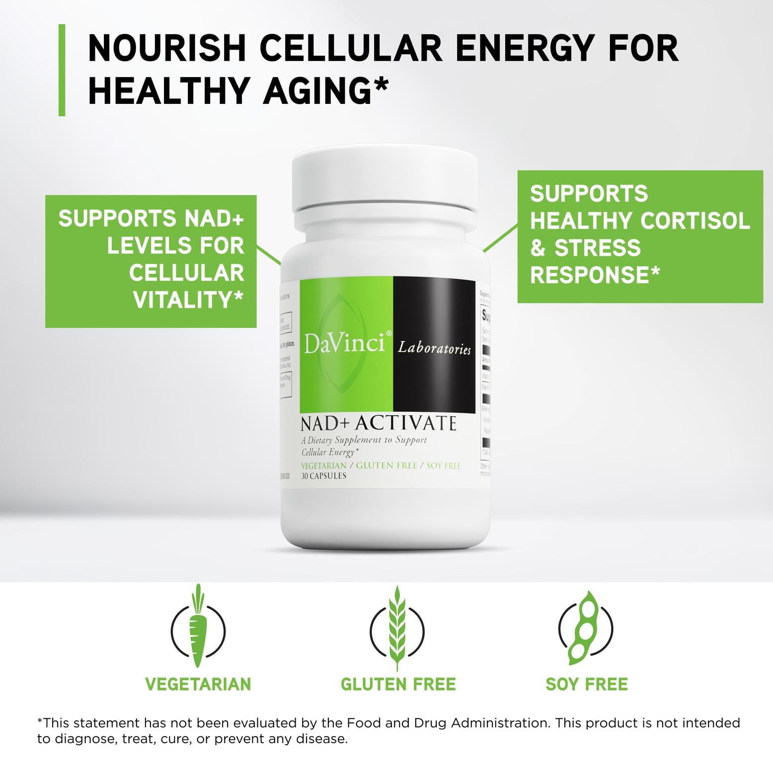 DAVINCI Labs NAD+ Activate - NAD Supplement with Vitamin C & Niacin - Helps Support Brain Health, Cellular Energy & More* - Vegetarian, Gluten-Free & Soy-Free - 30 Capsules DAVINCI Au supplements
