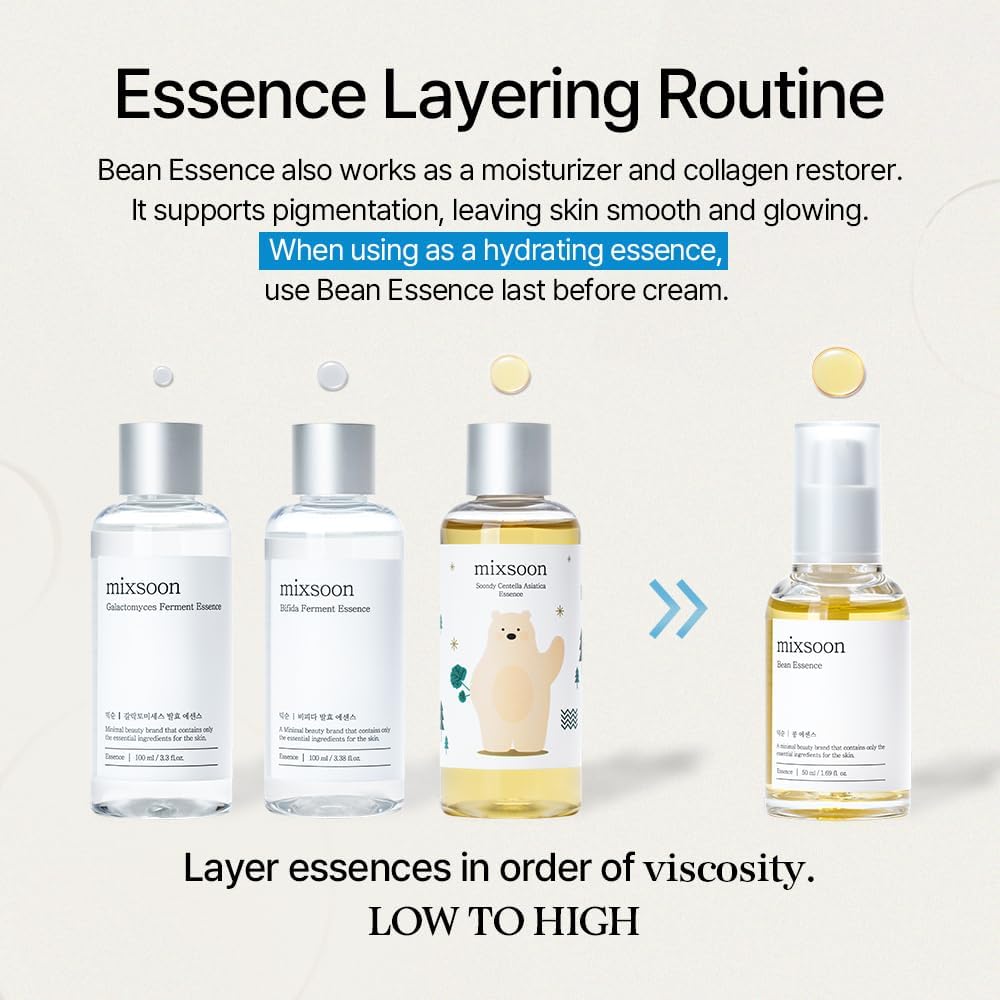 mixsoon Bean Essence Exfoliating, Snail Mucin Moisturizer for Hydrating, Fermented Bean Extract, Gentle Formula