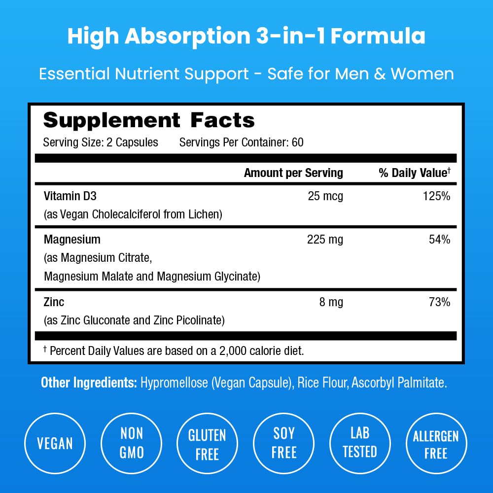 NutraChamps Magnesium Zinc & Vitamin D3 Supplement - Most Bioavailable Forms; Magnesium Glycinate, Malate, Citrate - Bone, Muscle & Heart Health,