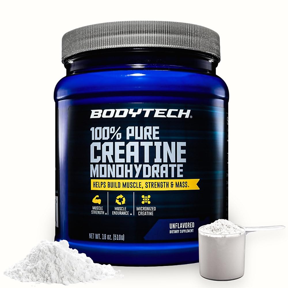 BodyTech Creatine Monohydrate Powder, Unflavored Micronized Creatine Formula for Men and Women, 5g per Serving, Pre Workout & Post Workout Supplement