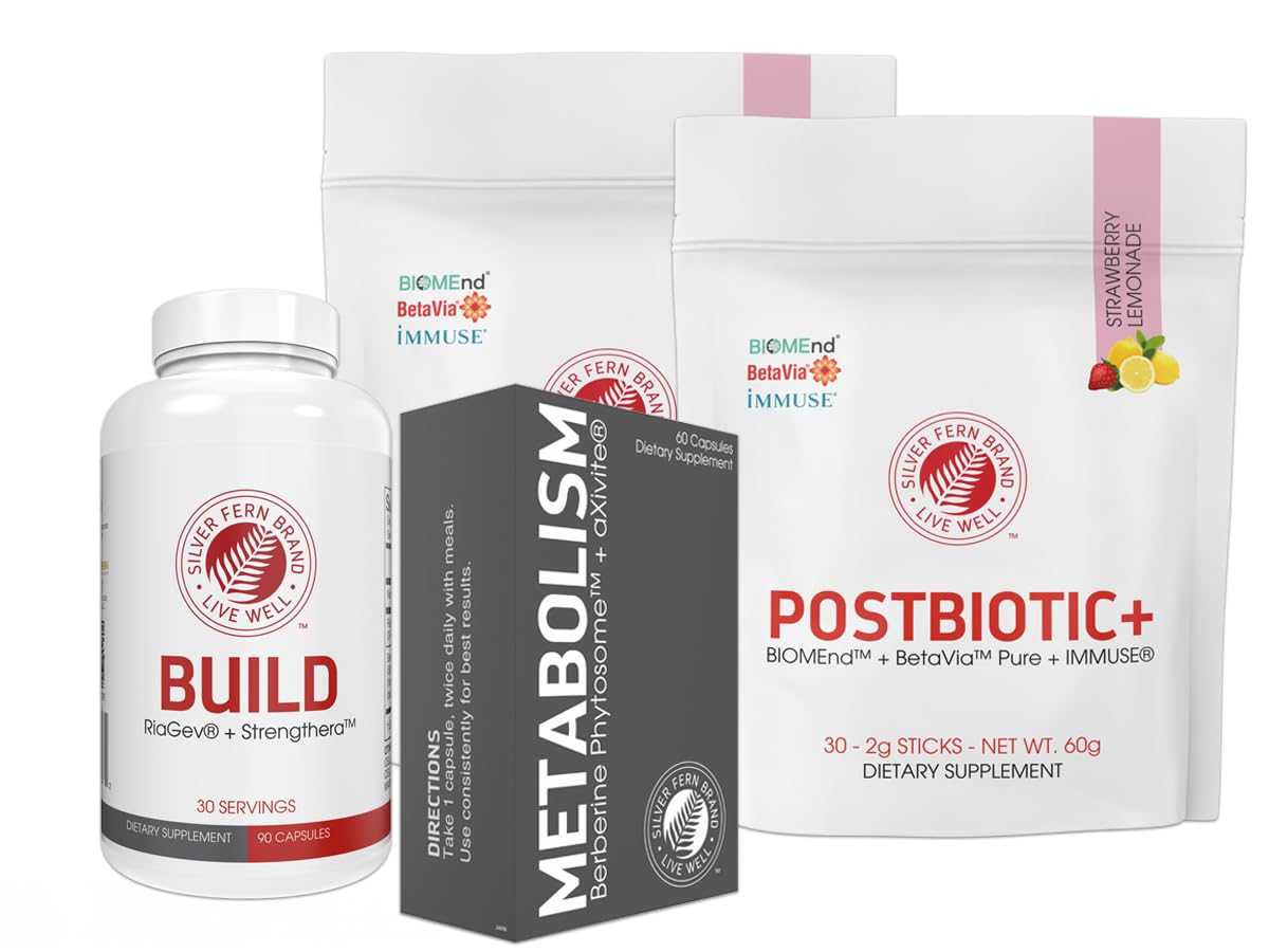 Silver Fern Brand Supplement Bundle – Build, Metabolism & POSTBIOTIC+ – Gut, Immune & Muscle Support – 90 + 60 Capsules & 30 Sticks – Energy, Recovery