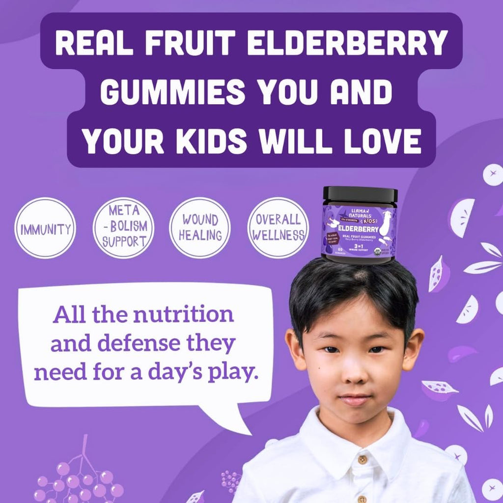 Llama Naturals Elderberry Gummies for Kids, Vegan, Organic Immune Support Supplement with Vitamin C and Zinc, Toddler Real Fruit Gummy Vitamins for Immunity