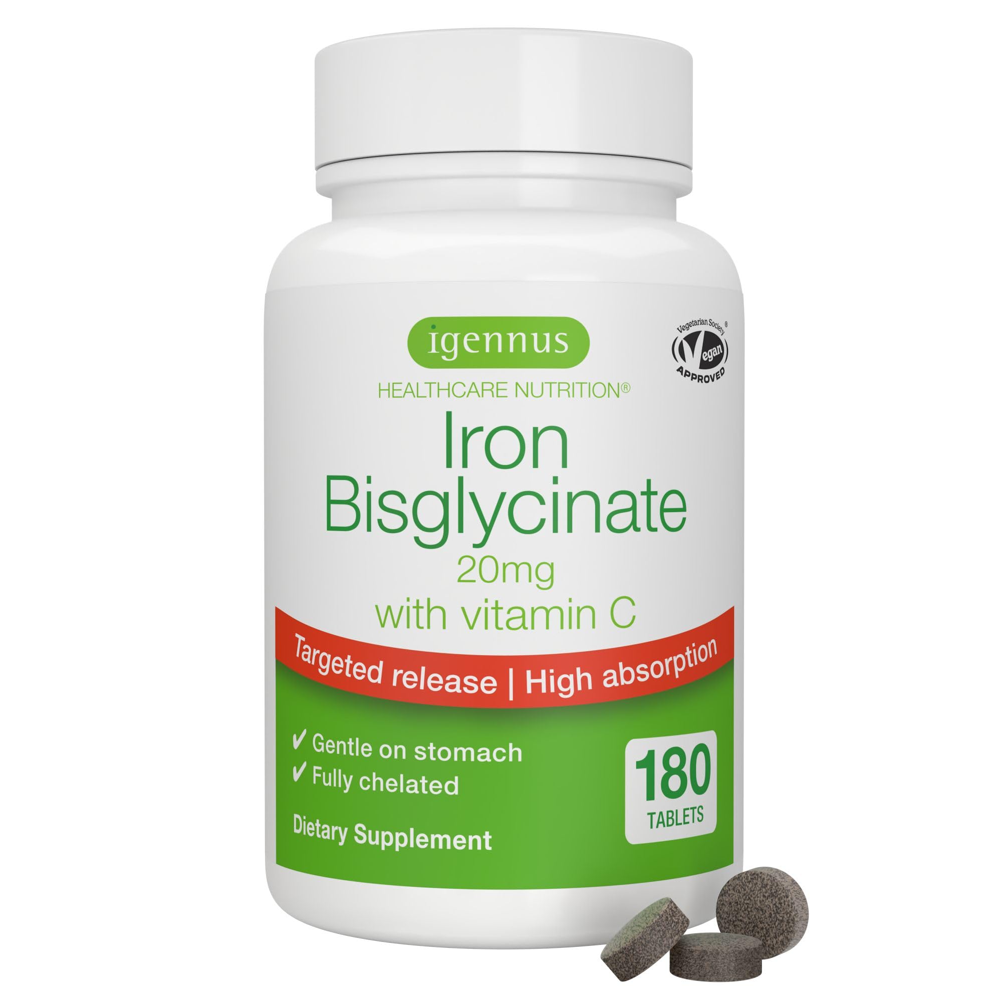 Igennus Clean Iron Bisglycinate 20mg, Vitamin C, 6 Month Supply, Gentle Chelated High Absorption Formula & Targeted Release Ferrous Bisglycinate