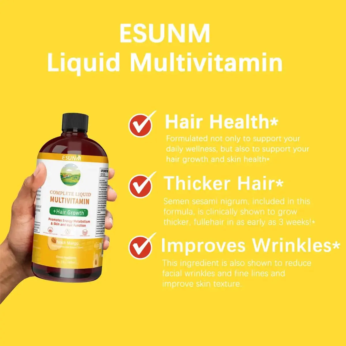 ESUNM Complete Liquid Multivitamin + Hair Growth, Promotes Energy Metabolism& Skin and Hair Function| Vitamin C D | B Vitamins | ESUNM Au supplements
