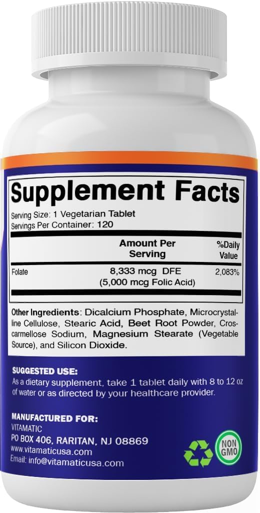 Vitamatic Folic Acid 5mg (5000 mcg) – 120 Vegetarian Tablets High Potency Vitamin B9 (Folate) for Cellular Health