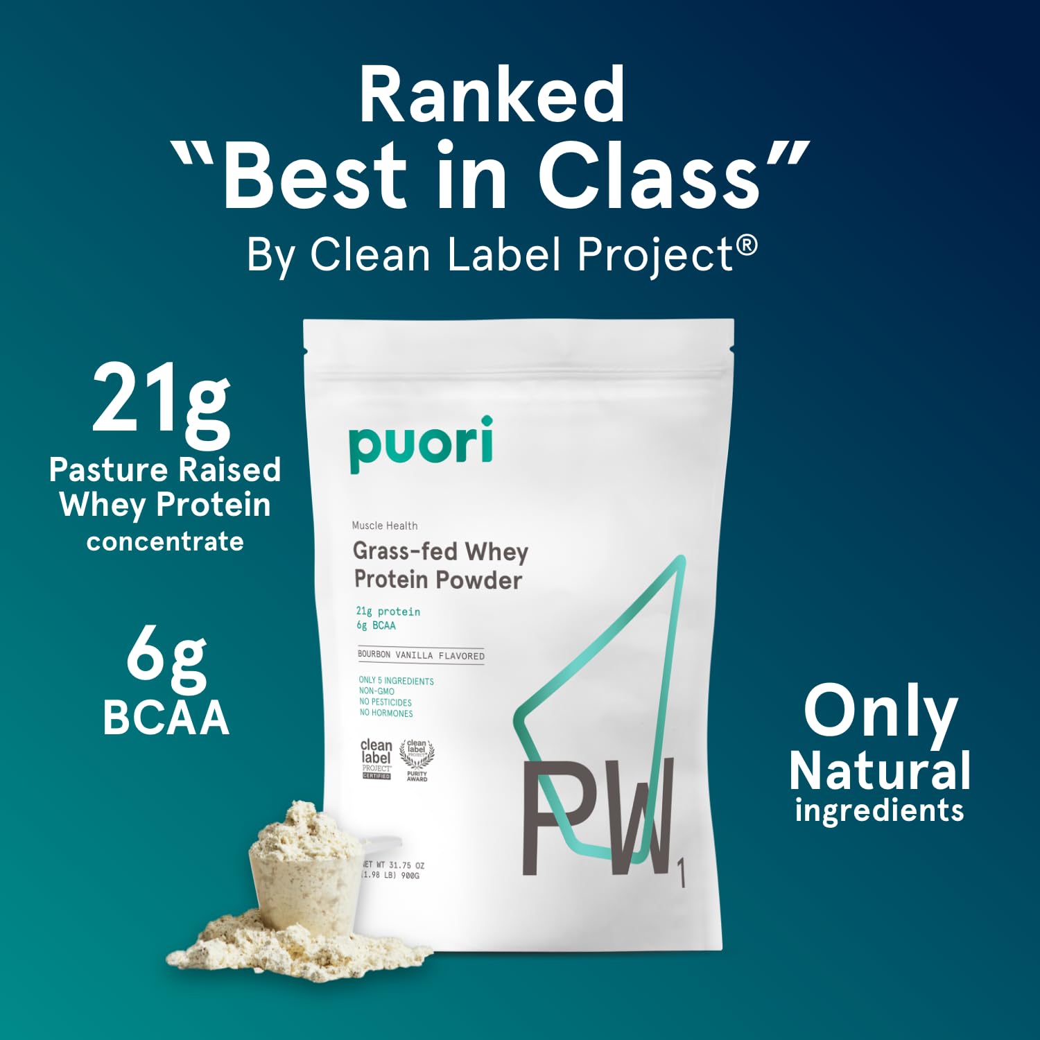 Puori Whey Protein Powder, Bourbon Vanilla - PW1 Pasture-Raised, Grass-Fed Whey Protein Powder Drink Mix containing BCAA Amino Acids - Post-Workout Supplement