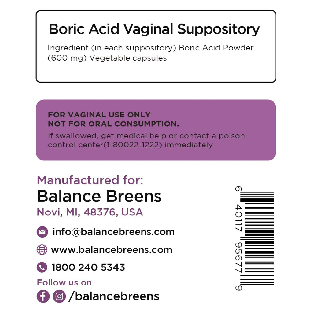 Boric Acid Suppositories for Women 600 mg - 30 Vaginal Use Capsules - ph Balance Pills, Odor Control Balancebreens Au supplements