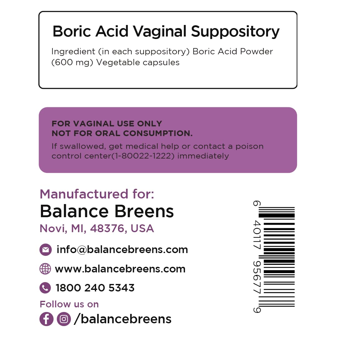 Boric Acid Suppositories for Women 600 mg - 30 Vaginal Use Capsules - ph Balance Pills, Odor Control Balancebreens Au supplements