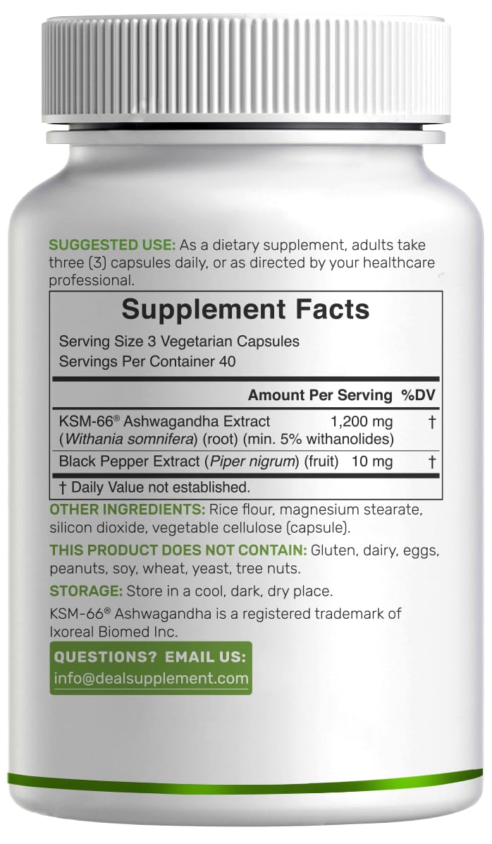 KSM 66 Ashwagandha 1,200mg with Black Pepper, 120 Veggie Capsules – Extra Strength Root Extract – High Absorption – Adaptogenic Supplements for Relaxation, Energy, & Brain Health – Non-GMO DEAL SUPPLEMENT Au supplements
