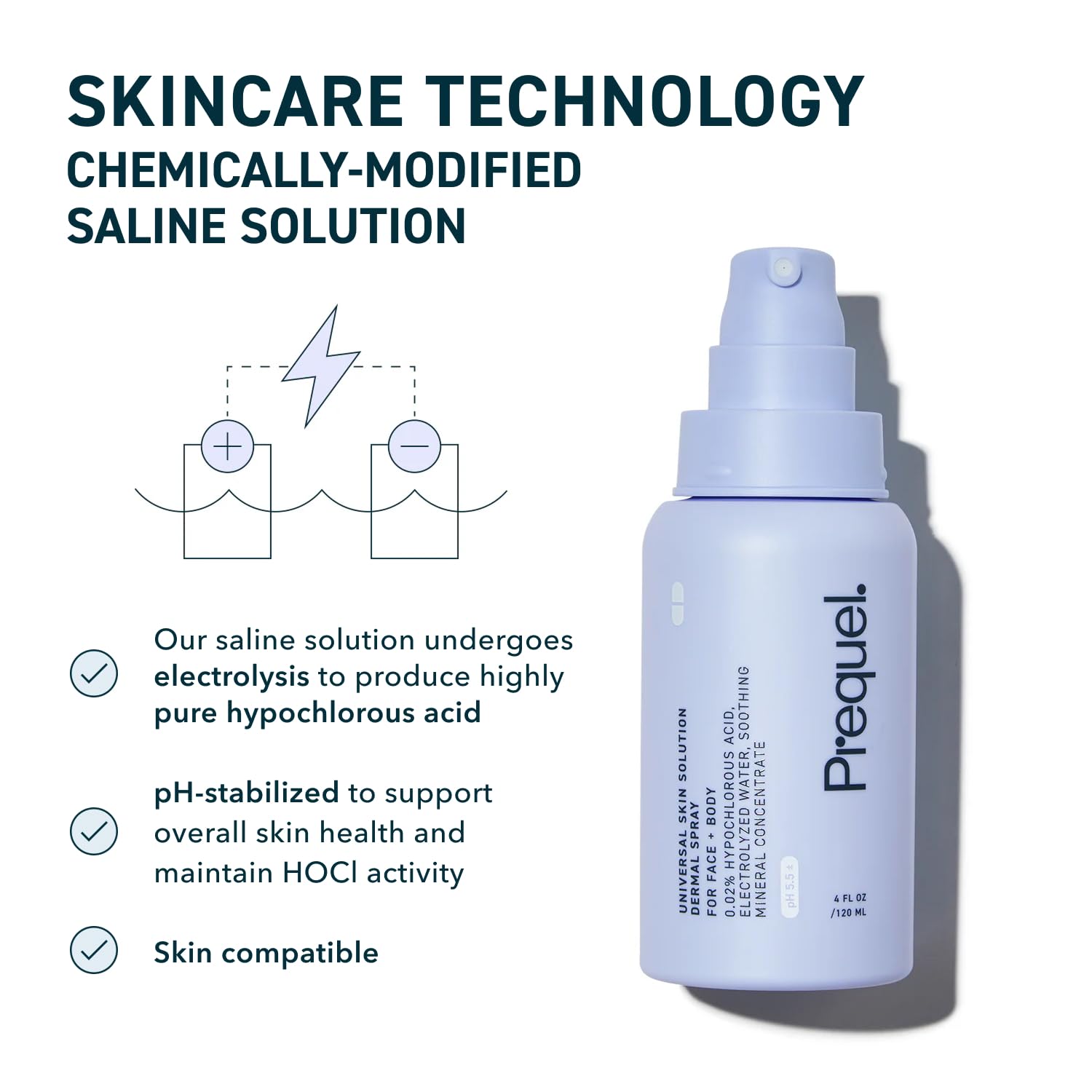 Prequel Skin Universal Skin Solution Hypochlorous Acid Spray for Face and Body. Fine Mist HOCL Facial Cleanser and Dermal
